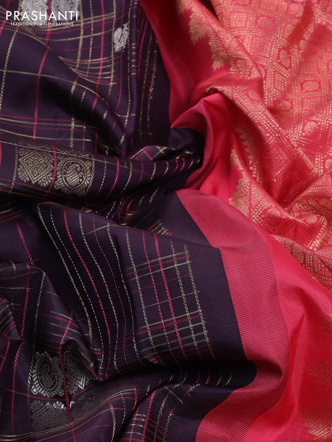 Pure kanchipuram silk saree deep jamun and peach pink with allover thread & zari checked pattern in borderless style