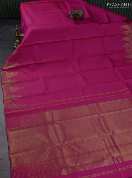 Pure kanchipuram silk saree dual shade of pink with plain body and temple design zari woven border