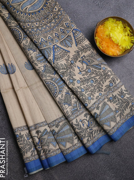 Semi tussar saree beige and blue with butta prints and madhubani prints pallu & border