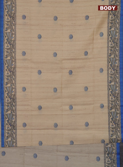 Semi tussar saree beige and blue with butta prints and madhubani prints pallu & border