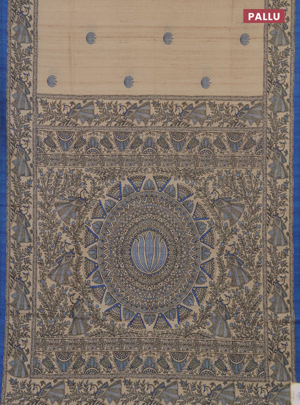 Semi tussar saree beige and blue with butta prints and madhubani prints pallu & border