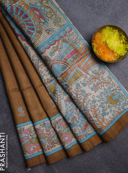 Semi tussar saree dark mustard and beige with floral butta prints and madhubani prints pallu & border