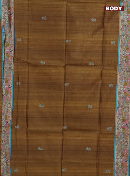 Semi tussar saree dark mustard and beige with floral butta prints and madhubani prints pallu & border