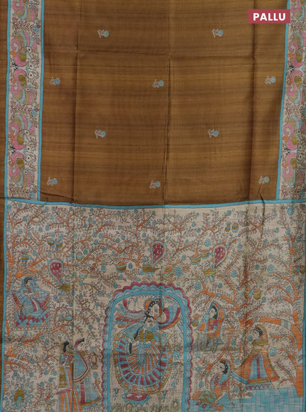Semi tussar saree dark mustard and beige with floral butta prints and madhubani prints pallu & border