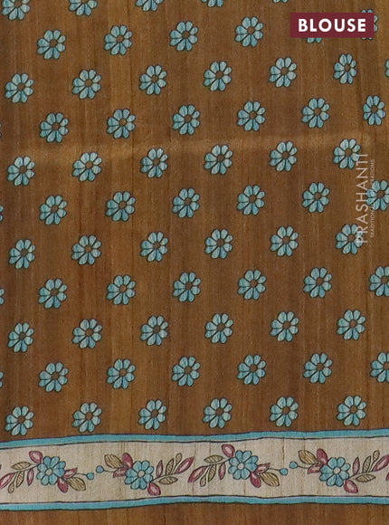 Semi tussar saree dark mustard and beige with floral butta prints and madhubani prints pallu & border