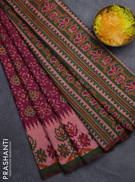 Semi tussar saree dark magenta pink and dual shade of green with allover ikat prints and printed border