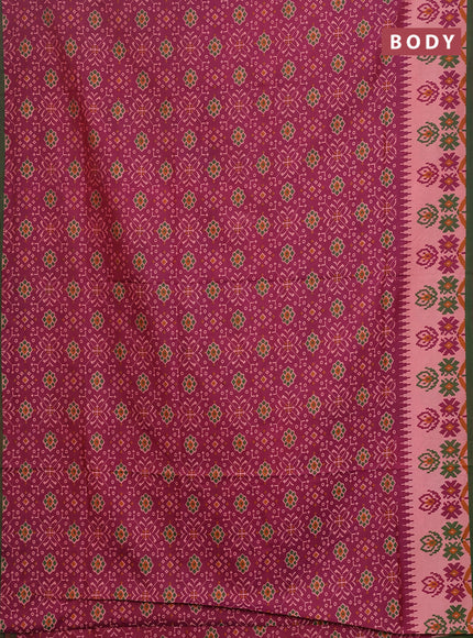 Semi tussar saree dark magenta pink and dual shade of green with allover ikat prints and printed border