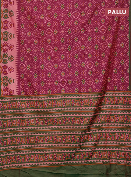 Semi tussar saree dark magenta pink and dual shade of green with allover ikat prints and printed border