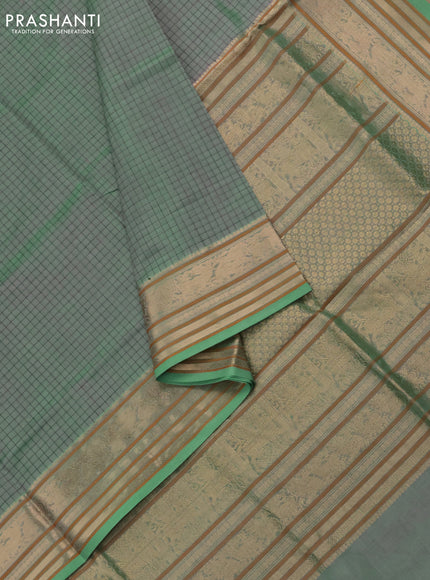 Kanchipuram silk cotton saree dual shade of green with allover thread woven checked pattern and zari woven border