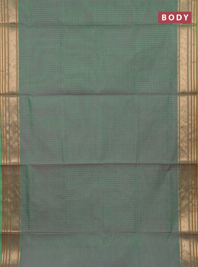 Kanchipuram silk cotton saree dual shade of green with allover thread woven checked pattern and zari woven border