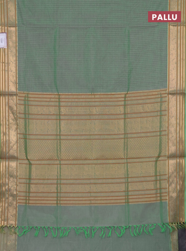 Kanchipuram silk cotton saree dual shade of green with allover thread woven checked pattern and zari woven border