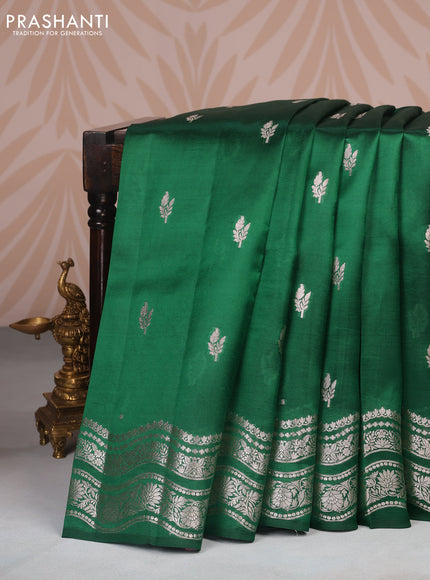 Banarasi poona silk saree green and red with zari woven leaf buttas and zari woven border