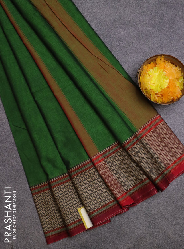 Narayanpet cotton saree green and maroon with plain body and thread woven border