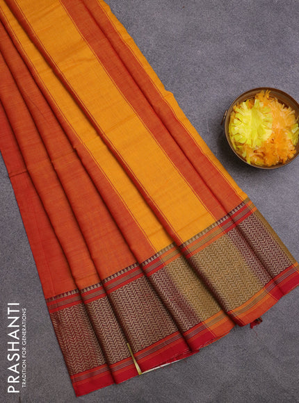 Narayanpet cotton saree dual shade of orange and red with plain body and thread woven border