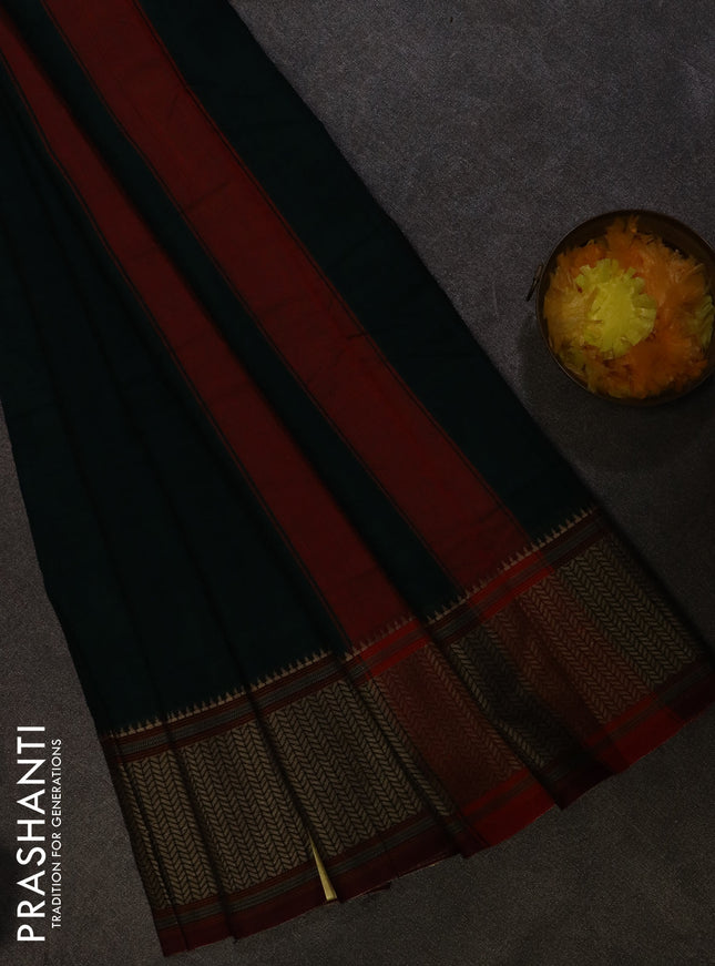 Narayanpet cotton saree green and maroon with plain body and thread woven border