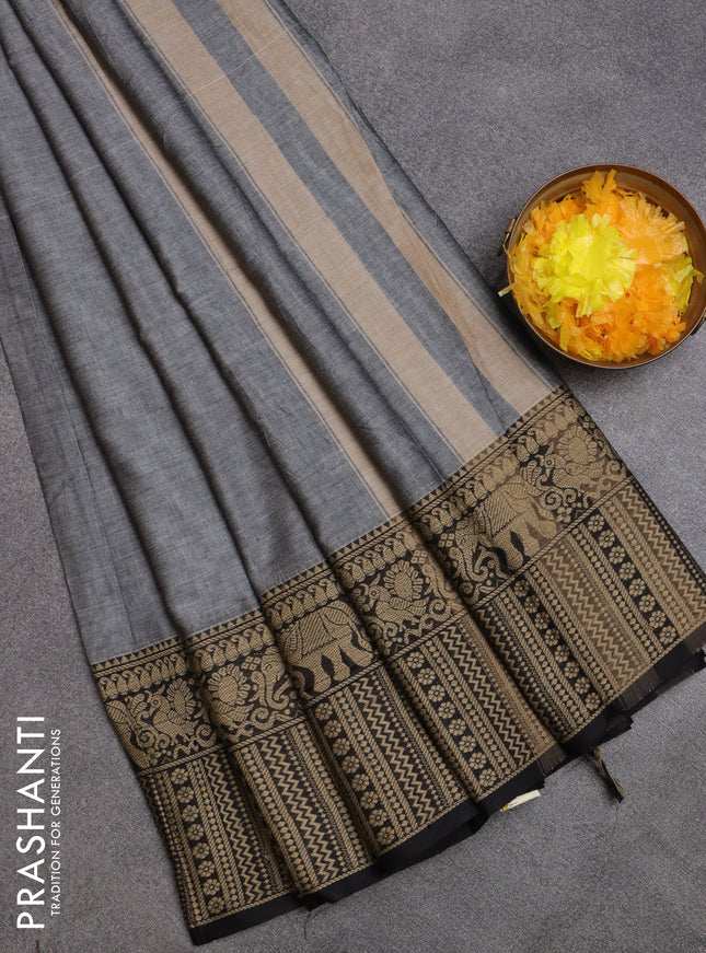 Narayanpet cotton saree grey and black with plain body and long thread woven border