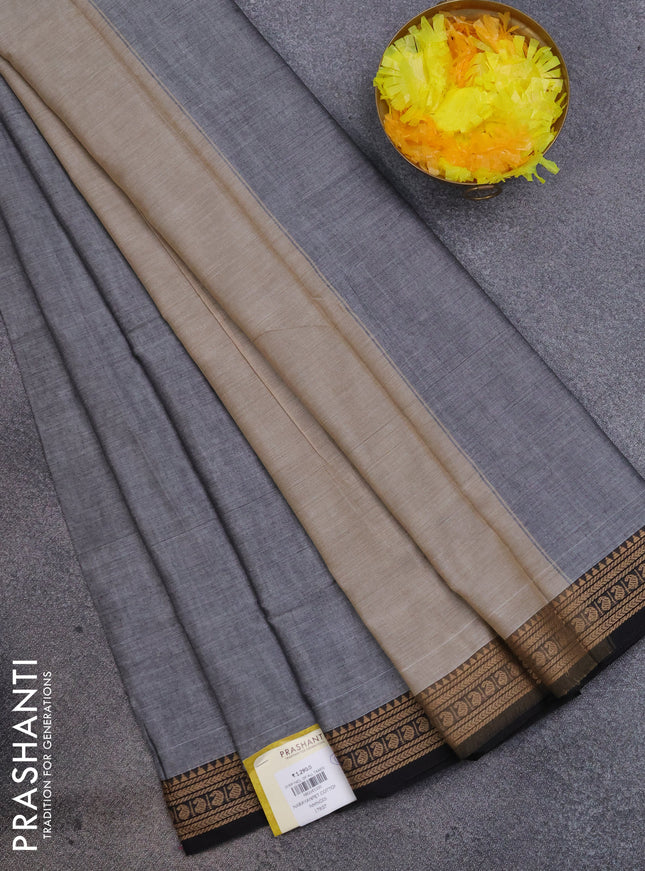 Narayanpet cotton saree grey and black with plain body and thread woven border