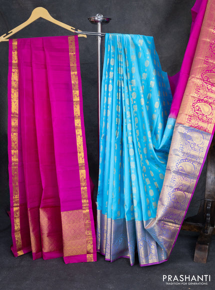 Pure kanchipuram silk lehenga light blue and pink with allover annam & rudhraksha zari woven buttas and long rich zari woven border