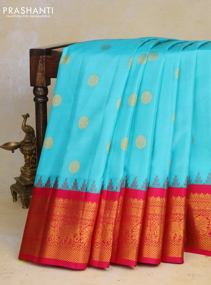 Pure gadwal silk saree teal shade and pink with zari woven buttas and long temple design zari woven border