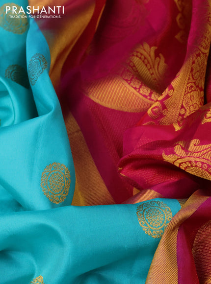 Pure gadwal silk saree teal shade and pink with zari woven buttas and long temple design zari woven border