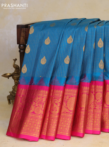 Pure gadwal silk saree cs blue and pink with allover checks & zari buttas and temple design zari woven border