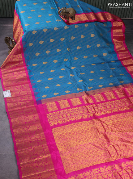 Pure gadwal silk saree cs blue and pink with allover checks & zari buttas and temple design zari woven border