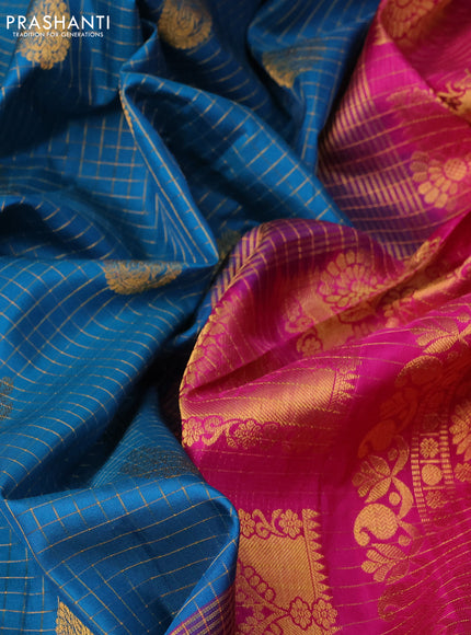 Pure gadwal silk saree cs blue and pink with allover checks & zari buttas and temple design zari woven border