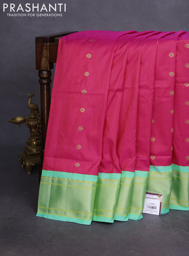 Pure paithani silk saree pink and green shade with allover zari woven buttas and paithani design pallu