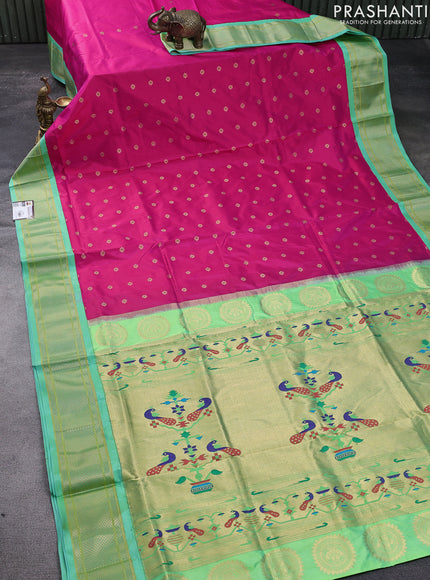 Pure paithani silk saree pink and green shade with allover zari woven buttas and paithani design pallu