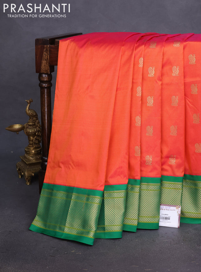 Pure paithani silk saree dual shade of pinkish orange and green with annam zari woven buttas and zari woven border