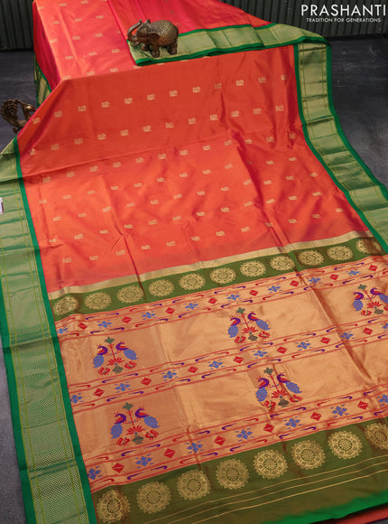 Pure paithani silk saree dual shade of pinkish orange and green with annam zari woven buttas and zari woven border