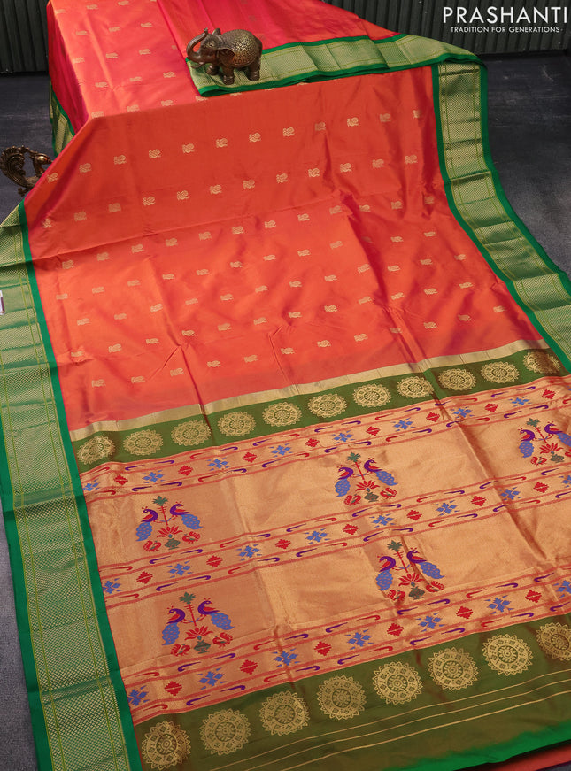 Pure paithani silk saree dual shade of pinkish orange and green with annam zari woven buttas and zari woven border