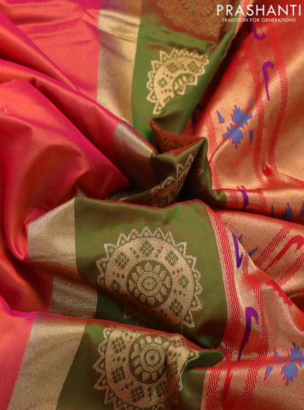 Pure paithani silk saree dual shade of pinkish orange and green with annam zari woven buttas and zari woven border