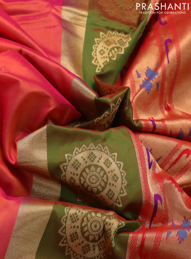 Pure paithani silk saree dual shade of pinkish orange and green with annam zari woven buttas and zari woven border