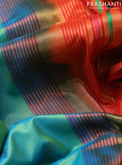 Pure paithani silk saree dual shade of teal green and red with allover zari woven floral buttas and zari woven muniya butta border
