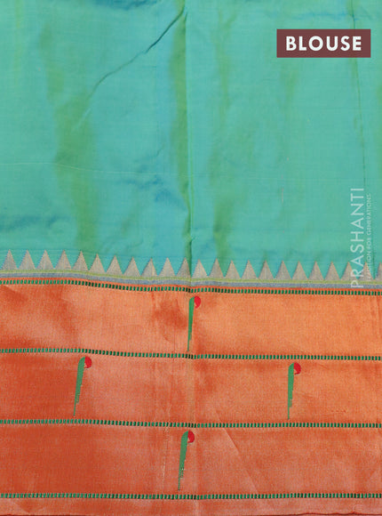 Pure paithani silk saree dual shade of teal green and red with allover zari woven floral buttas and zari woven muniya butta border