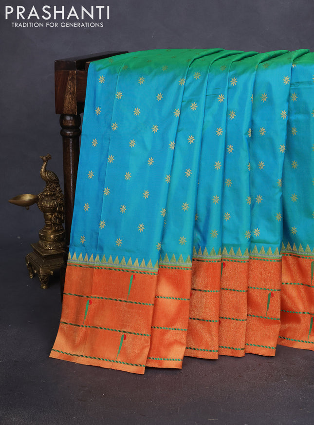 Pure paithani silk saree dual shade of teal bluish green and orange with zari woven buttas and zari woven muniya butta style border