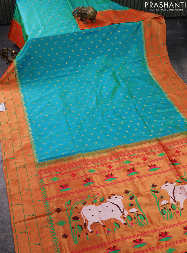 Pure paithani silk saree dual shade of teal bluish green and orange with zari woven buttas and zari woven muniya butta style border