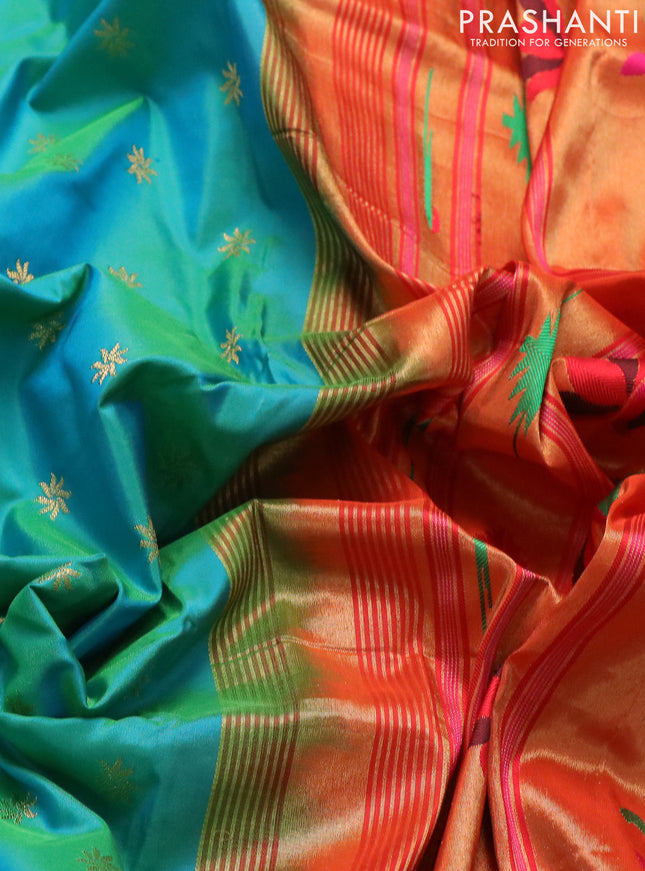 Pure paithani silk saree dual shade of teal bluish green and orange with zari woven buttas and zari woven muniya butta style border