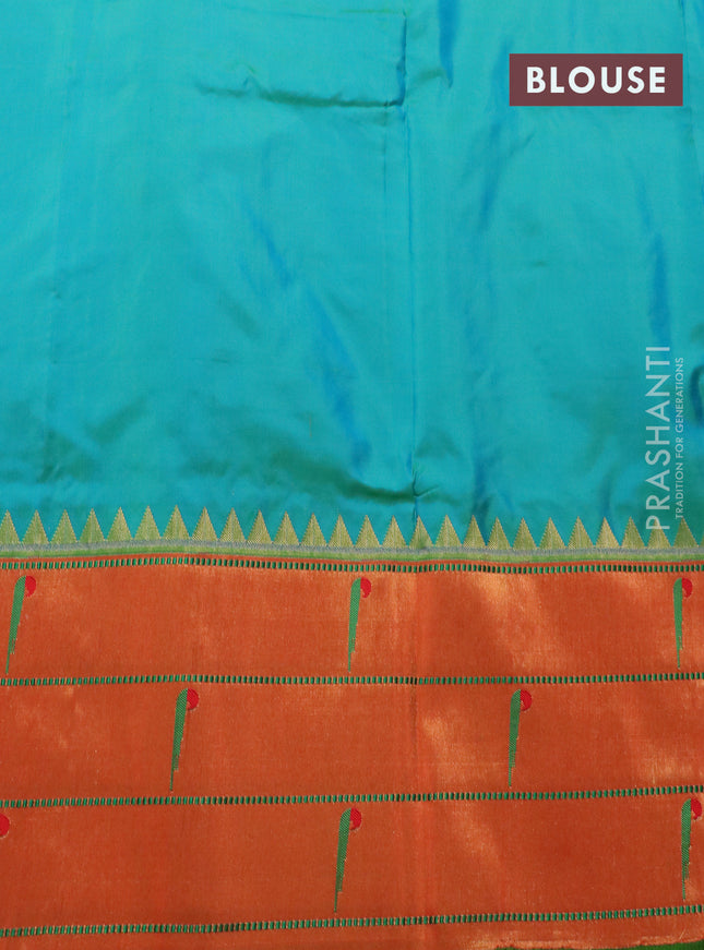 Pure paithani silk saree dual shade of teal bluish green and orange with zari woven buttas and zari woven muniya butta style border
