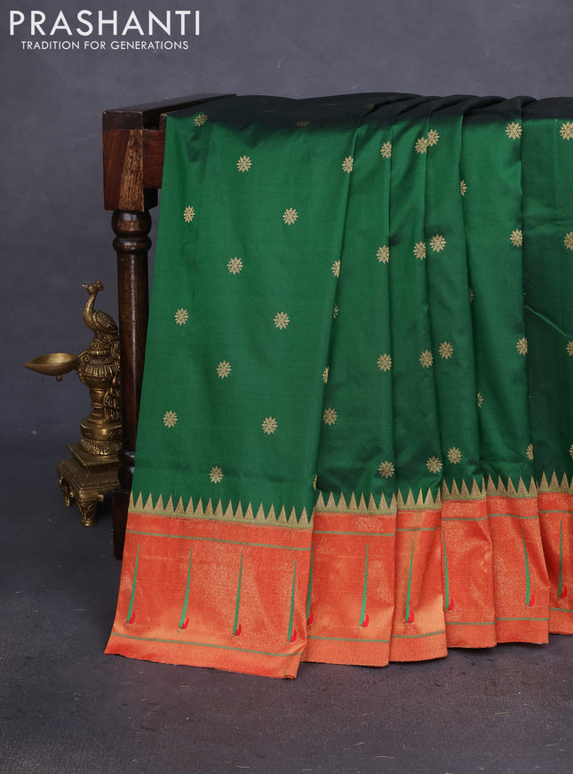 Pure paithani silk saree green and red with zari woven buttas and zari woven muniya butta border