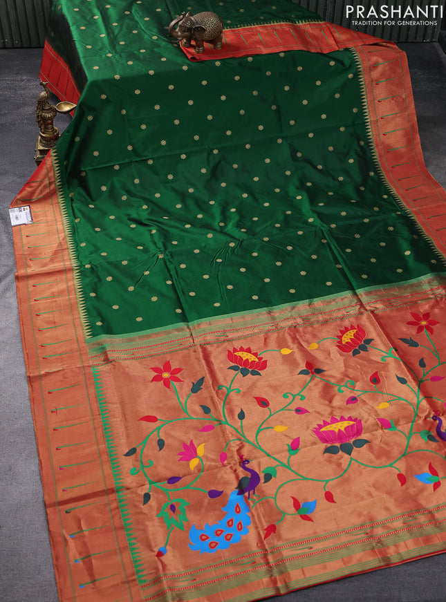 Pure paithani silk saree green and red with zari woven buttas and zari woven muniya butta border