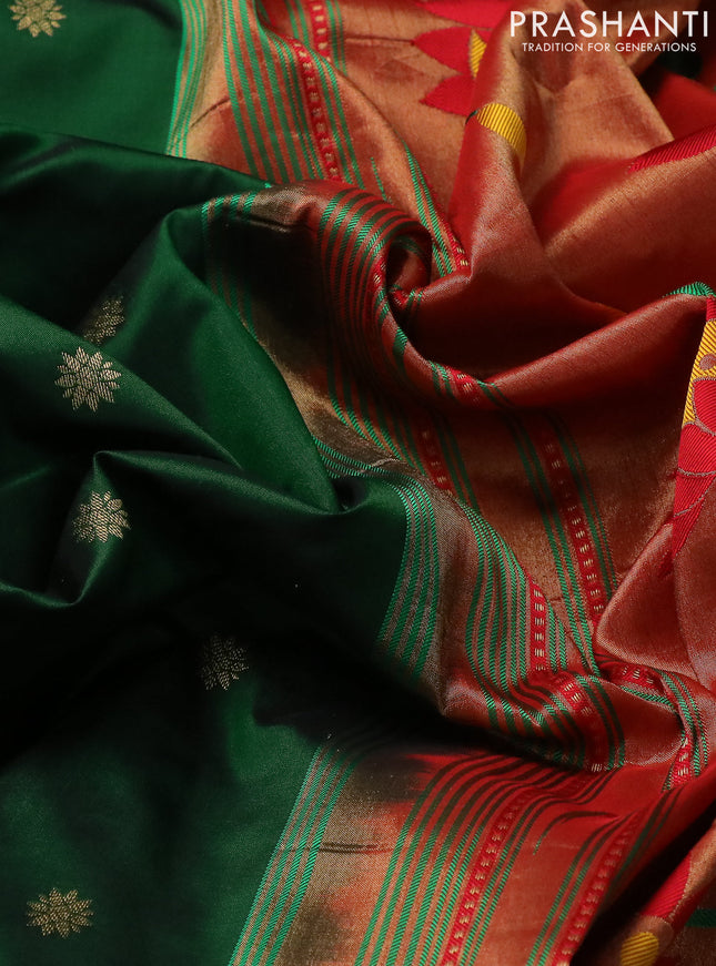 Pure paithani silk saree green and red with zari woven buttas and zari woven muniya butta border