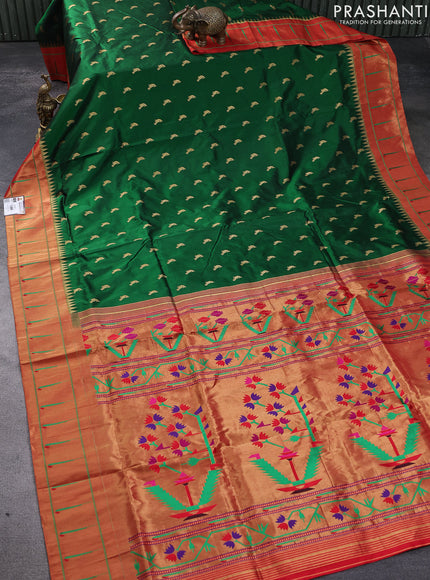 Pure paithani silk saree green and red with zari woven buttas and zari woven muniya butta border
