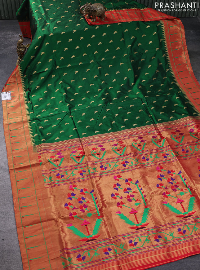 Pure paithani silk saree green and red with zari woven buttas and zari woven muniya butta border