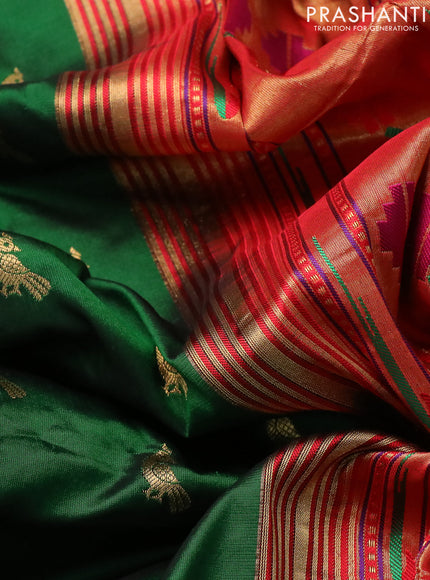 Pure paithani silk saree green and red with zari woven buttas and zari woven muniya butta border