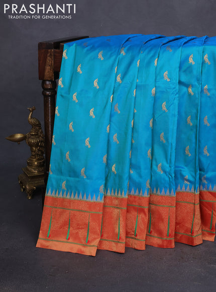 Pure paithani silk saree teal blue and red with zari woven buttas and zari woven muniya butta border