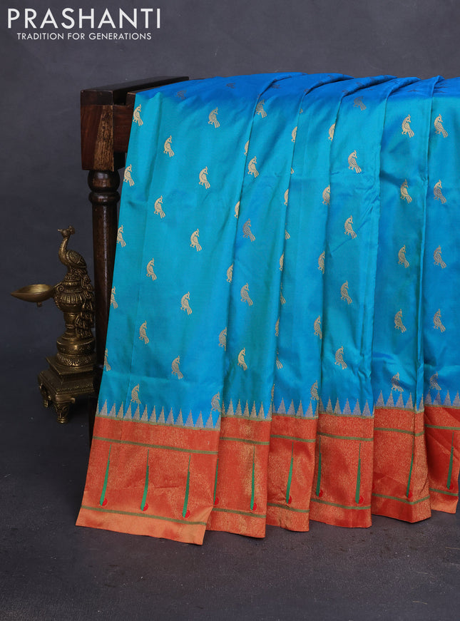 Pure paithani silk saree teal blue and red with zari woven buttas and zari woven muniya butta border
