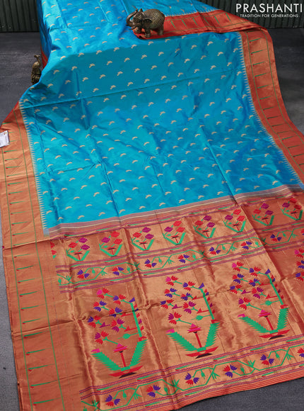 Pure paithani silk saree teal blue and red with zari woven buttas and zari woven muniya butta border