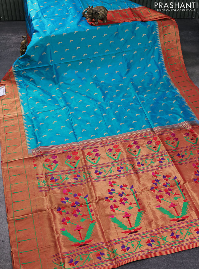 Pure paithani silk saree teal blue and red with zari woven buttas and zari woven muniya butta border